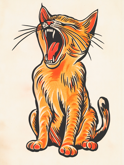 Yawning Ginger Cat Tattoo Style Illustration