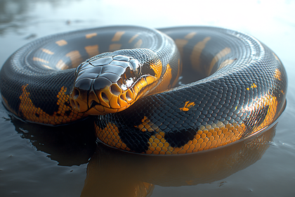 Yellow Anaconda Coiled in Water