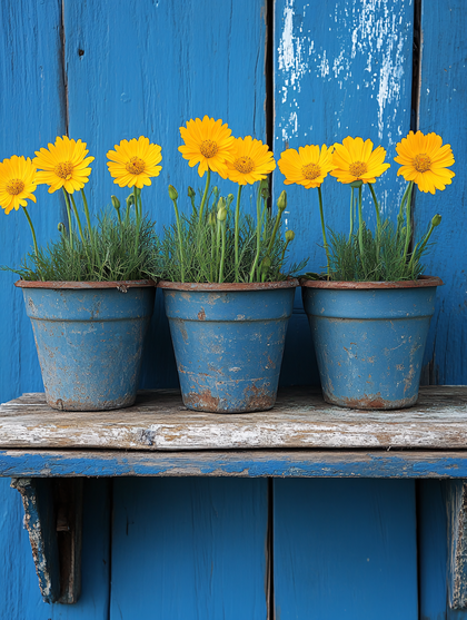 Yellow Daisies In Blue Pots