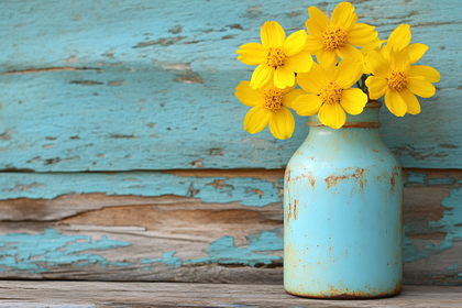 Yellow Daisies in Blue Rustic Vase