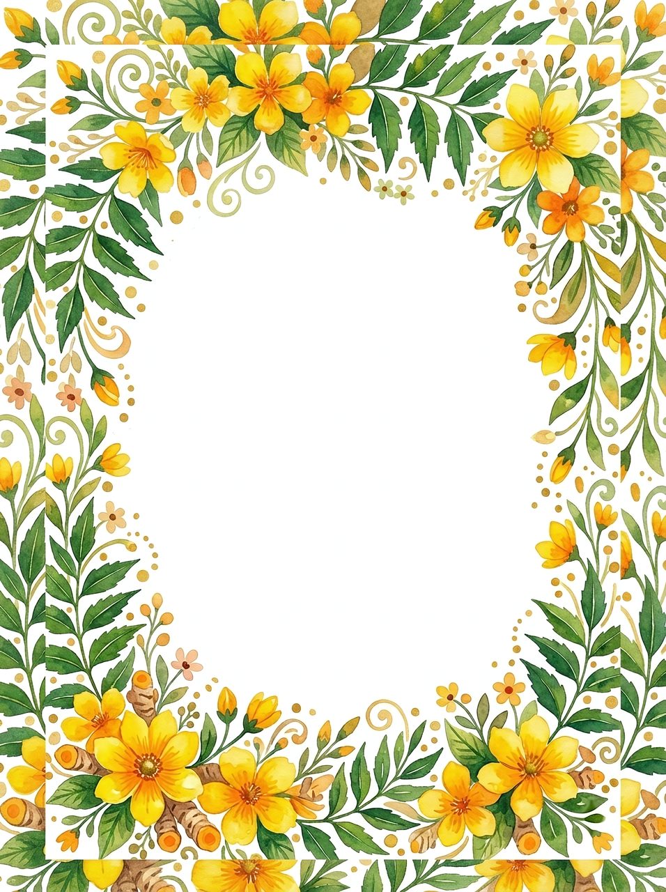 Yellow Floral Border with Green Leaves and Golden Swirls