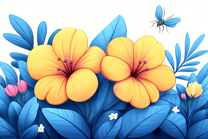Yellow Flowers and Blue Leaves Illustration