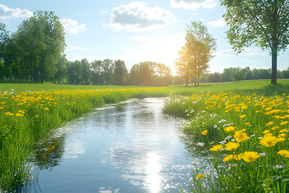 Yellow Flowers By River In Meadow