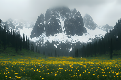 Yellow Meadow and Snowy Peaks
