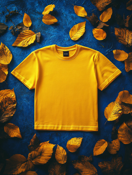Yellow T-Shirt On Blue Background With Autumn Leaves