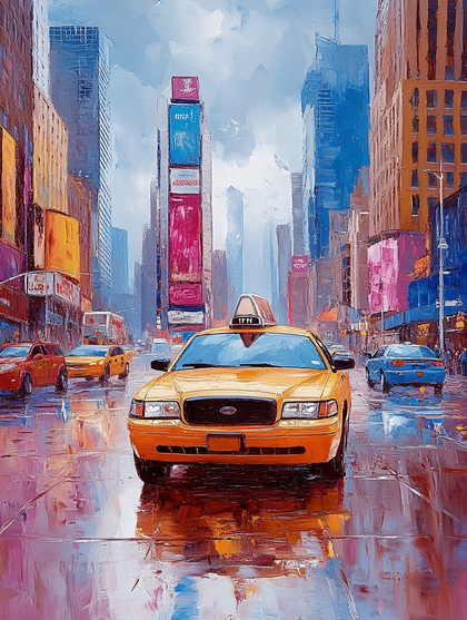 Yellow Taxi Cab In City Street Painting