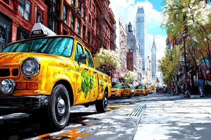 Yellow Taxi Cab In City Street Painting