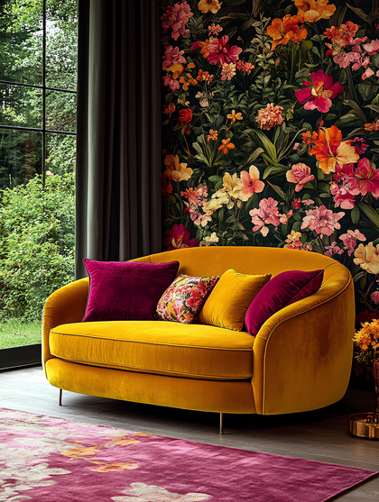 Yellow Velvet Sofa with Floral Wallpaper
