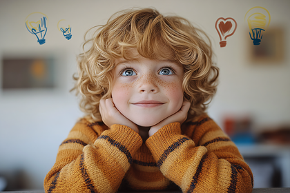 Young Boy with Curly Hair and Ideas