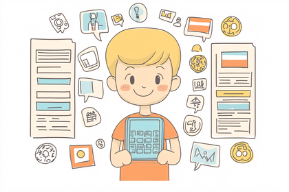 Young Boy with Tablet and Thought Bubbles