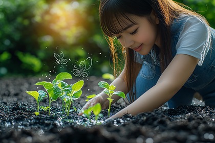 Young Girl Planting Seedlings