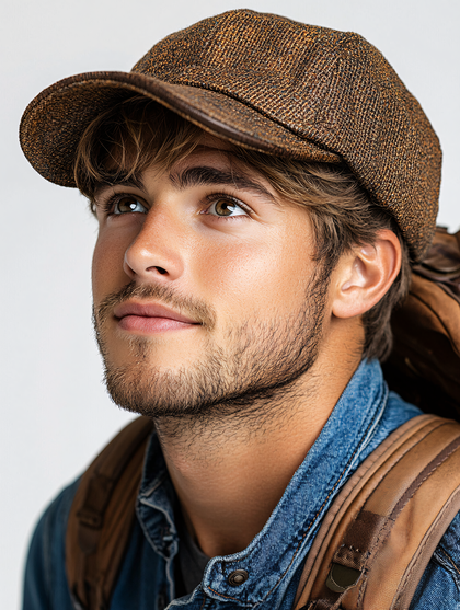Young Man In Newsboy Cap Looking Up
