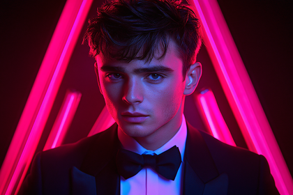 Young Man in Tuxedo with Neon Lighting