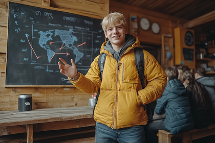 Young Man Presenting World Map