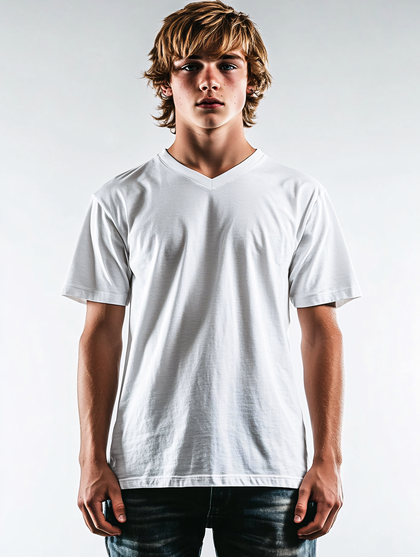 Young Man Wearing White V-Neck T-Shirt