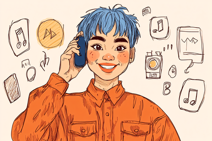 Young Person on Phone Surrounded by Music Icons