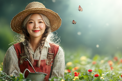Young Woman Gardener With Straw Hat