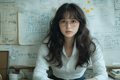 Young Woman in Glasses with Scientific Background