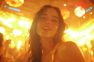 Young Woman In Warm Party Lights