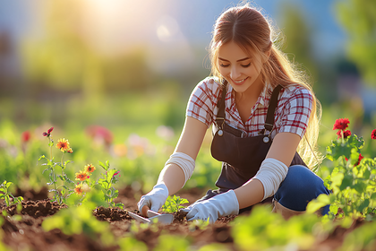 Young Woman Planting Flowers