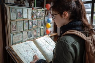 Young Woman Studying Handwritten Notebook and Cards