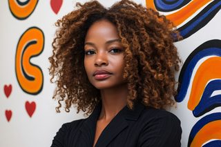 Young Woman with Curly Hair and Abstract Background