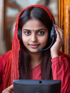 Young Woman With Headphones And Red Scarf