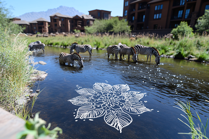 Zebras Drinking Water with Floral Design